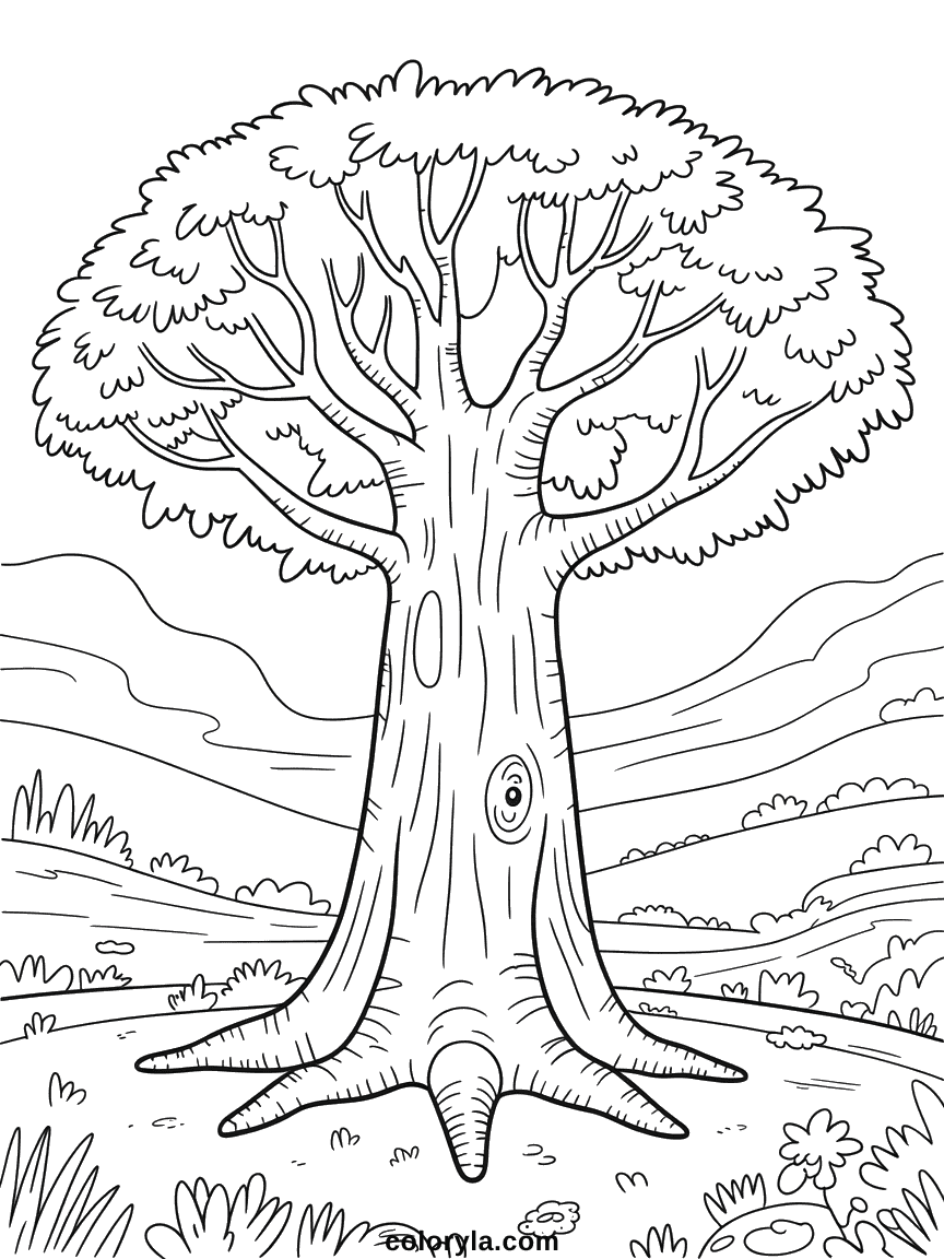 Printable coloring sheet of a towering ancient tree with gnarled roots and a broad prehistoric canopy