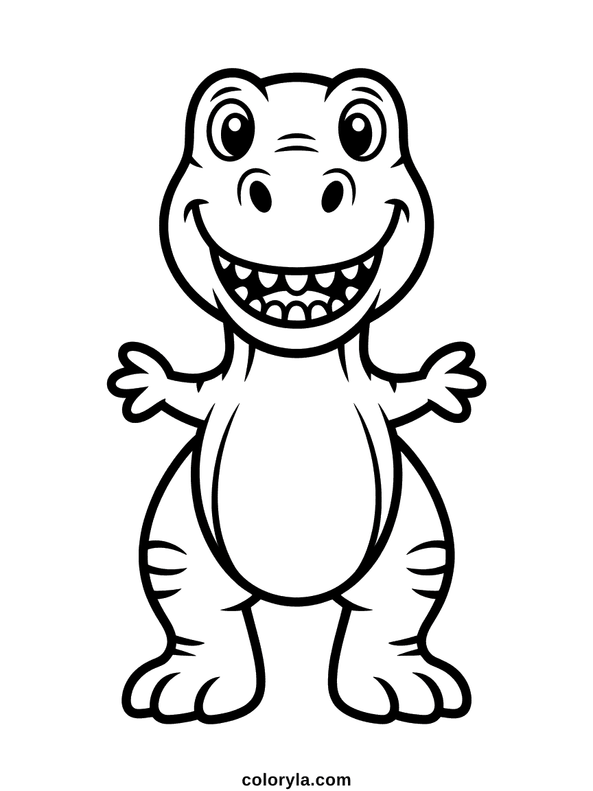 Coloring page of a T-Rex with a big silly grin and short arms stretched out happily