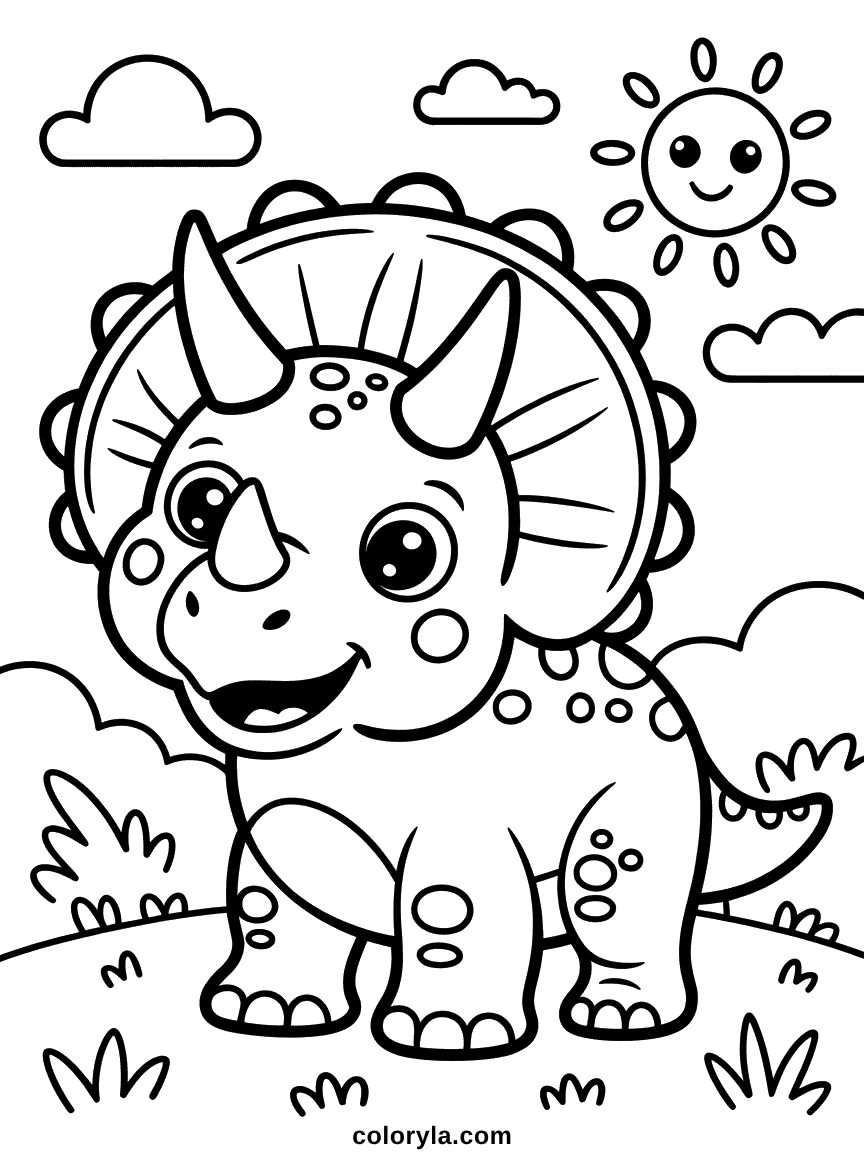 Coloring page for kids of a friendly triceratops with three horns and a large neck frill, print it free at home