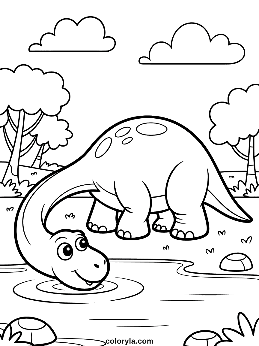 Coloring page of a dinosaur bending down to drink from a pond with its reflection below