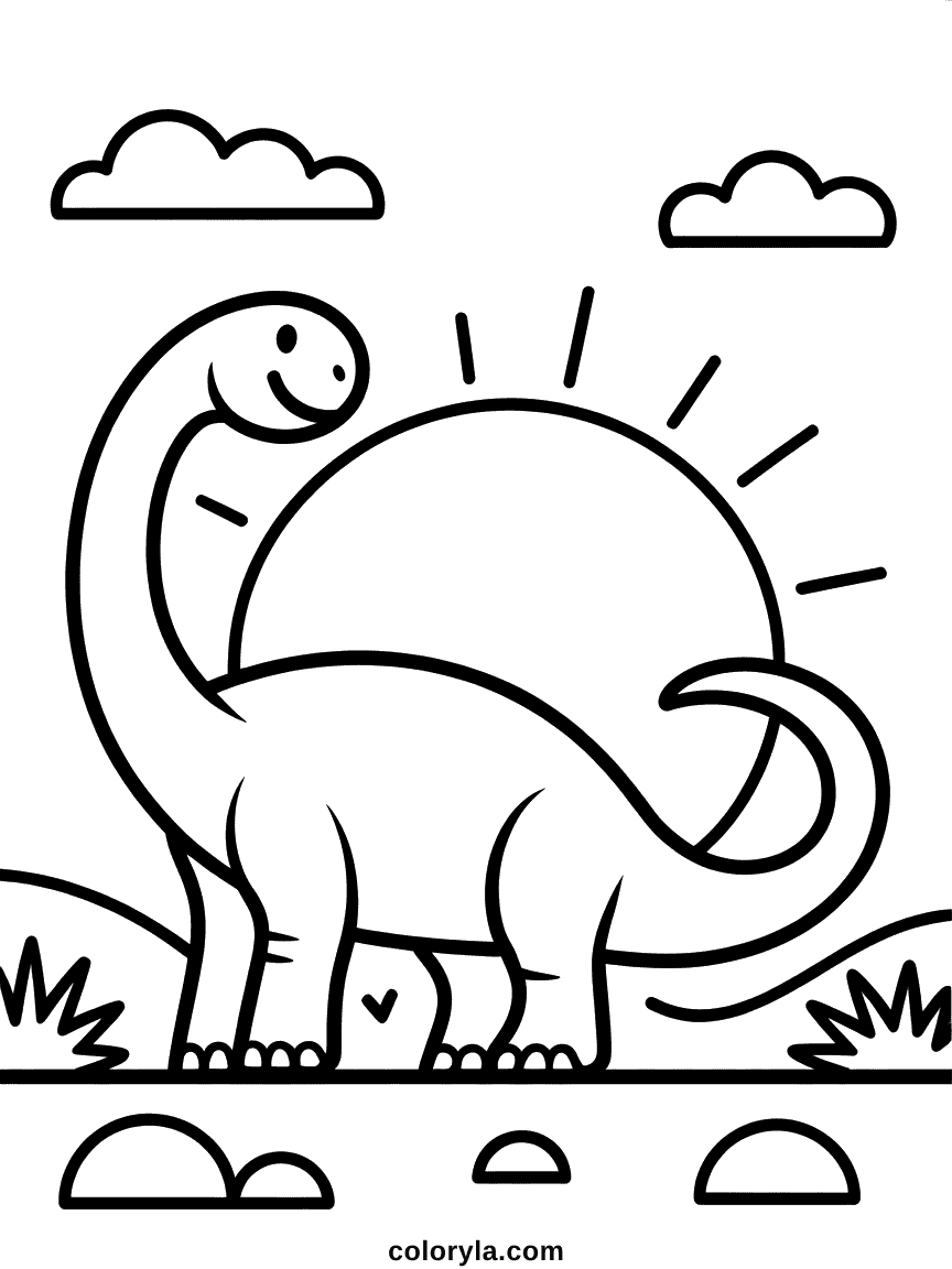 Coloring page of a large dinosaur silhouette standing against a wide prehistoric sunset sky, print it free at home