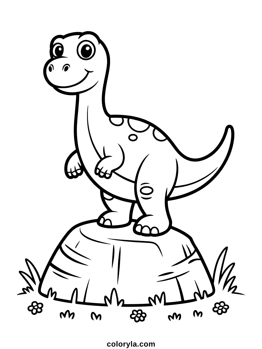 Free printable coloring page of a dinosaur standing tall on a flat rock overlooking a prehistoric landscape