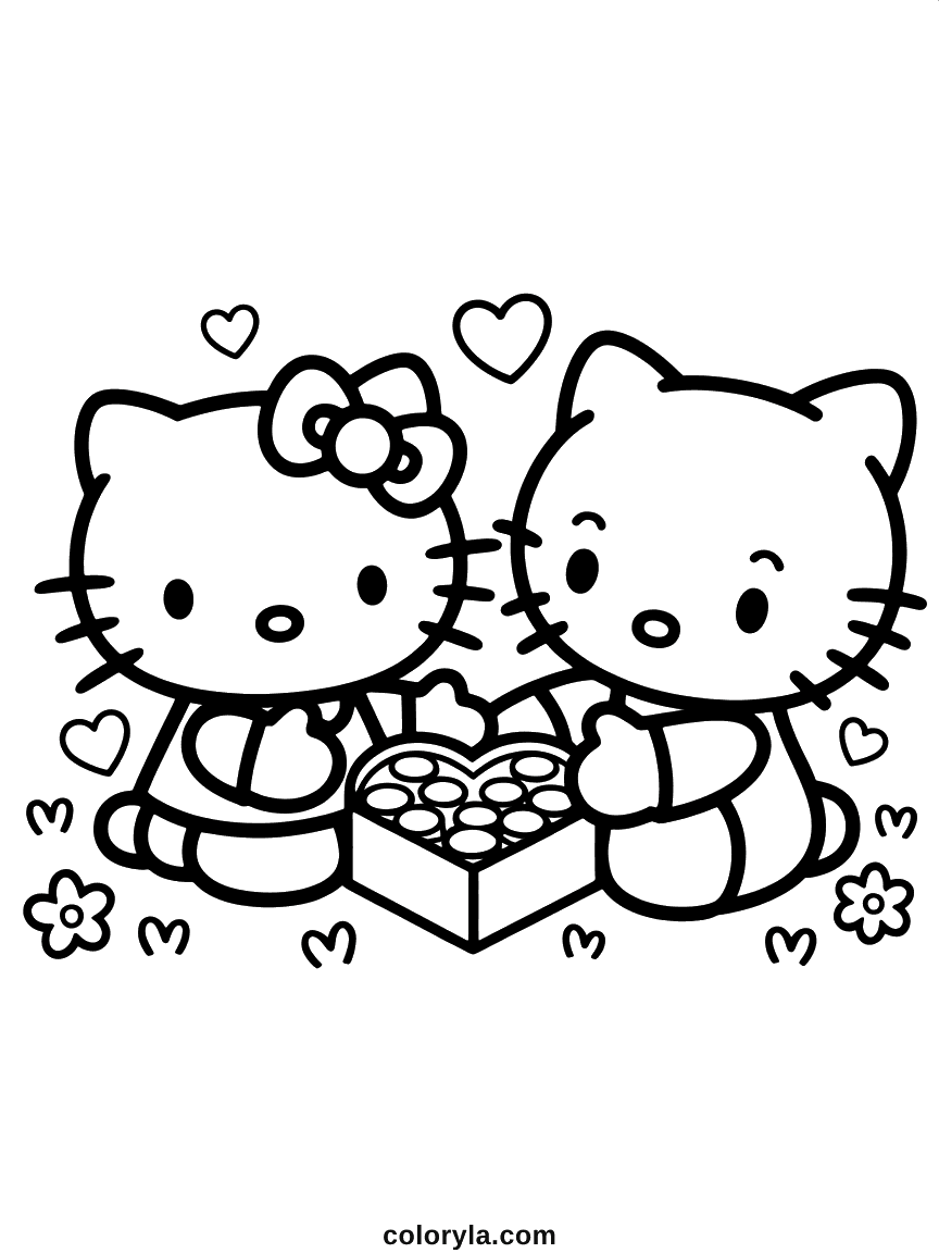 Coloring page of Hello Kitty and Dear Daniel sharing a heart-shaped box of chocolates