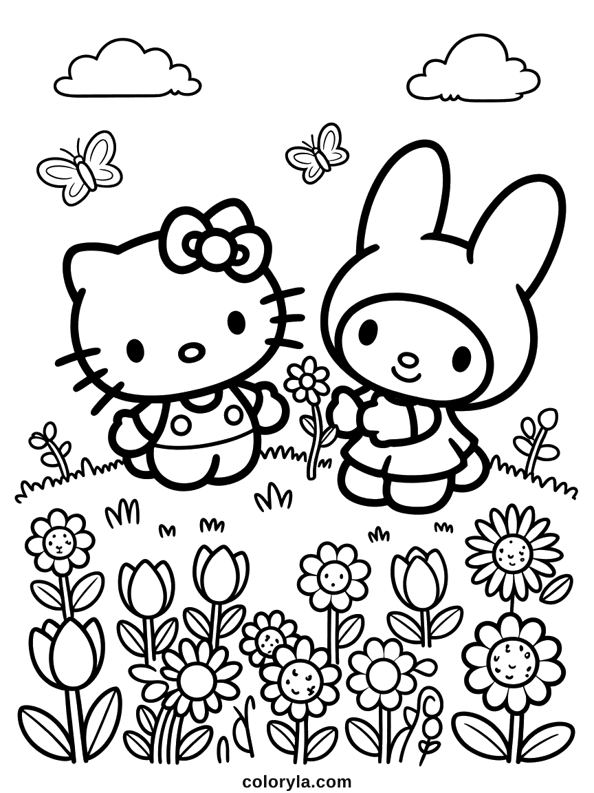 Coloring page of Hello Kitty and My Melody in a wildflower field with butterflies overhead