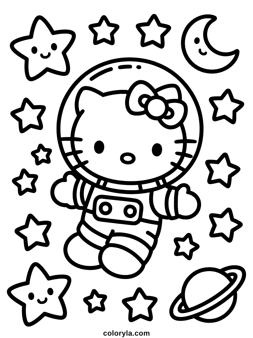 Coloring page of Hello Kitty in an astronaut suit floating among stars and a ringed planet