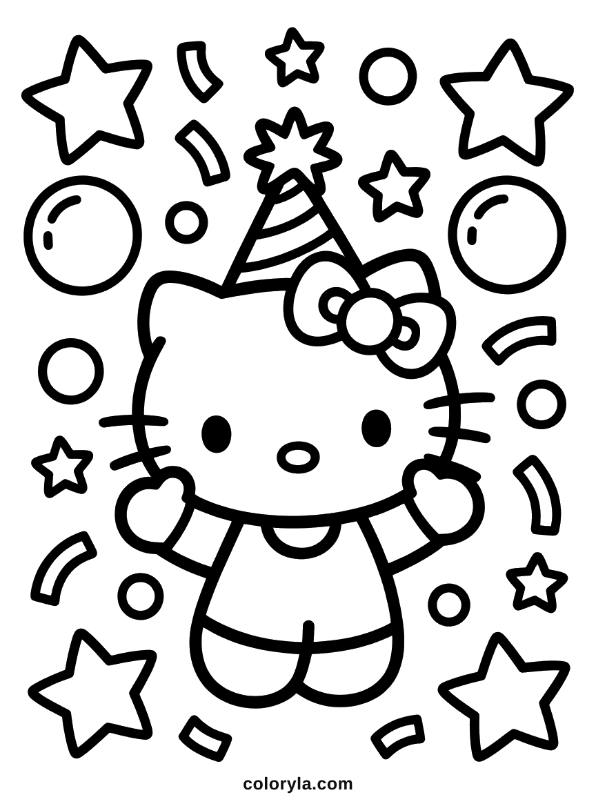 New Year coloring page of Hello Kitty in a party hat among confetti, balloons and stars