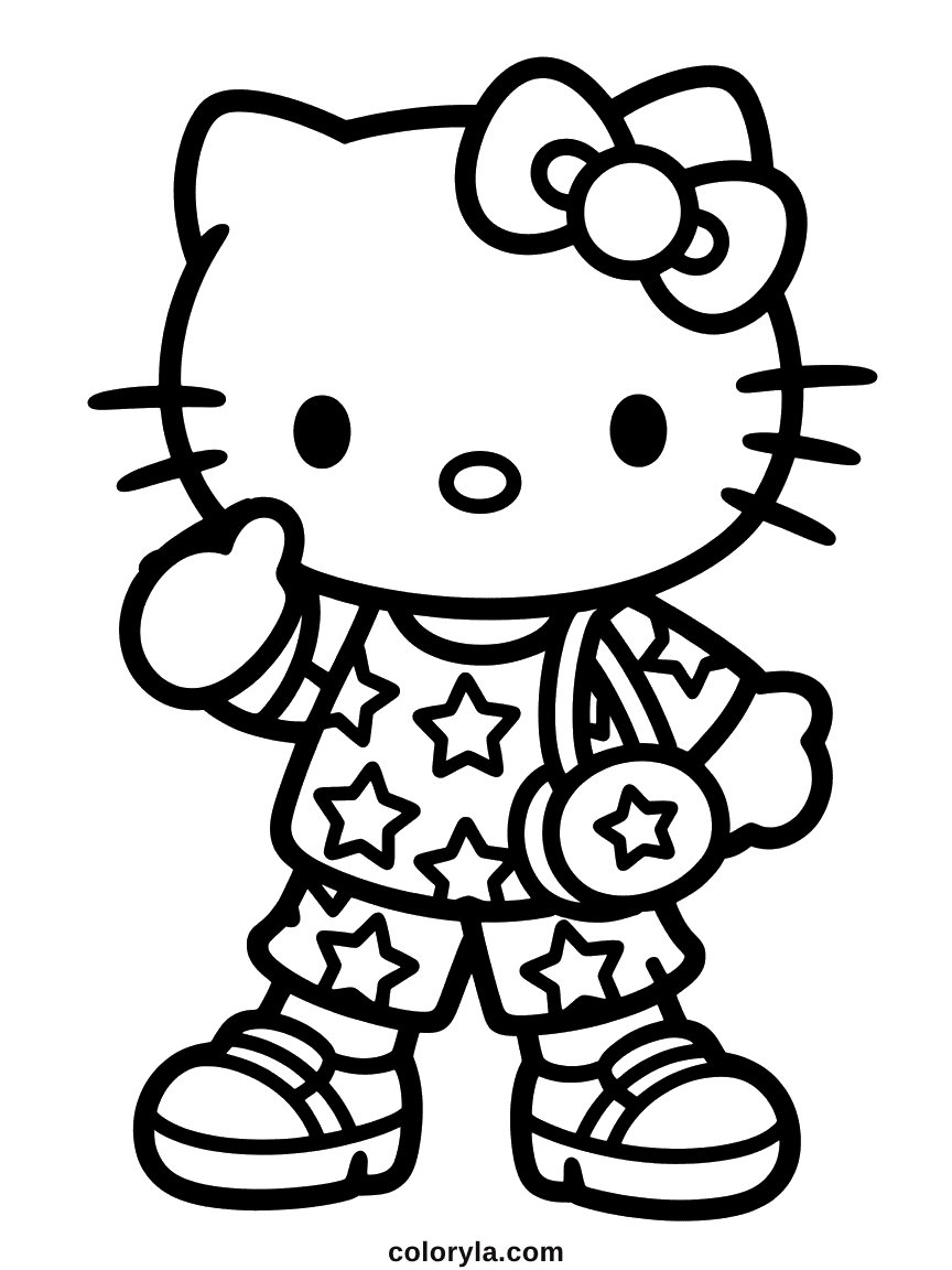Coloring page of Hello Kitty in a Y2K star-print top and shorts with sneakers and a bag