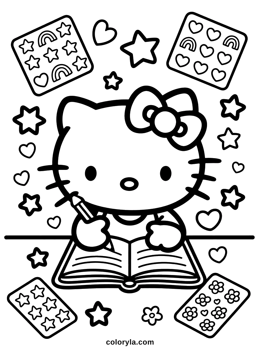 Coloring page of Hello Kitty writing in a journal surrounded by rainbow and heart stickers