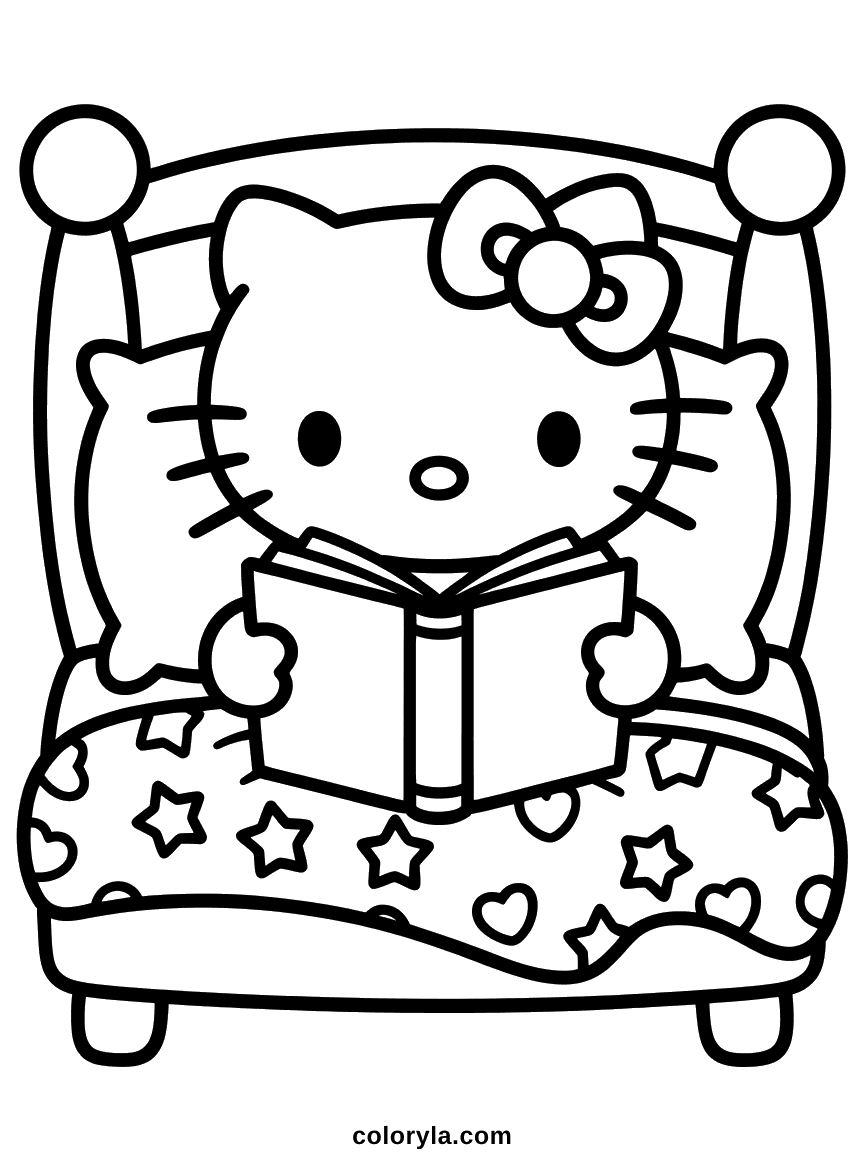 Coloring page of Hello Kitty sitting up in bed reading a book under a patterned blanket, free printable