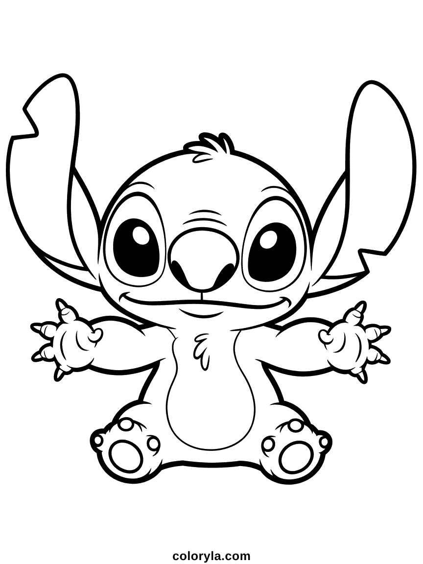 Coloring page of a tiny baby Stitch with oversized eyes and a sweet innocent smile