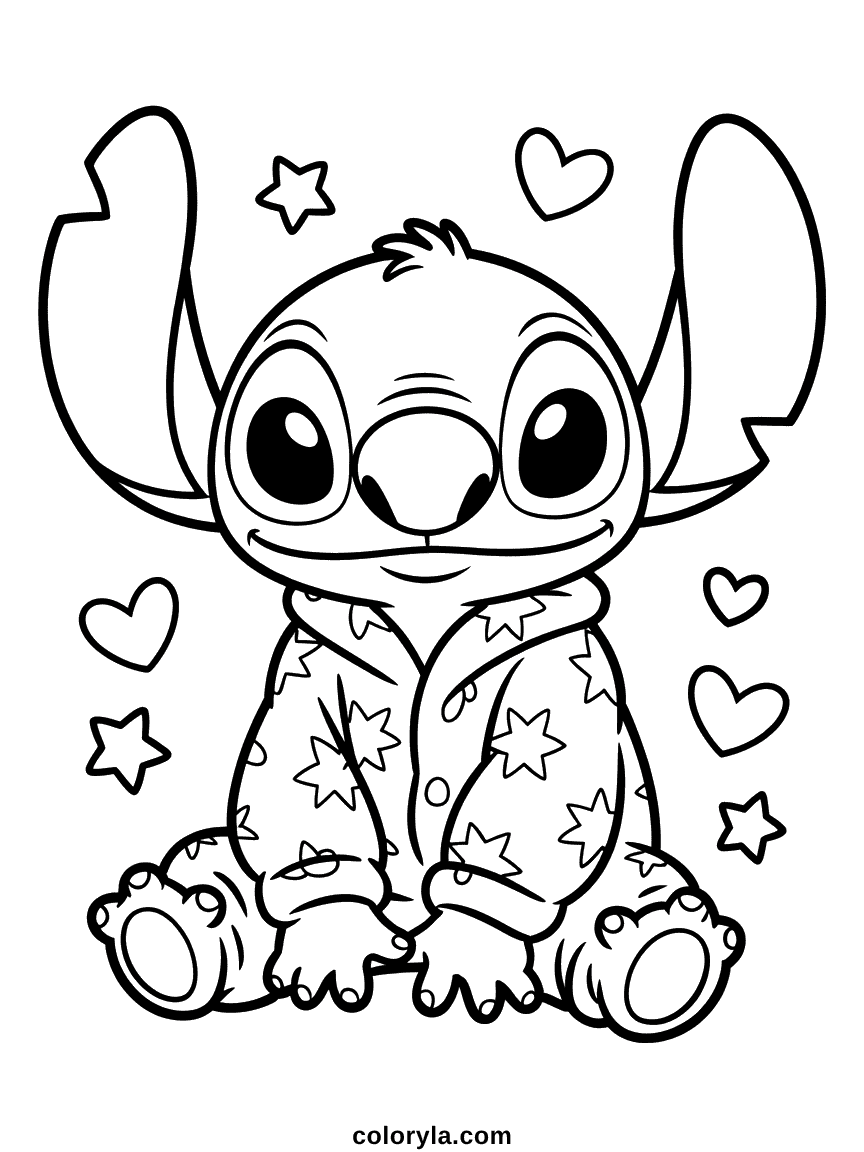 Coloring page of Stitch the blue Disney alien in cosy pyjamas with a happy expression
