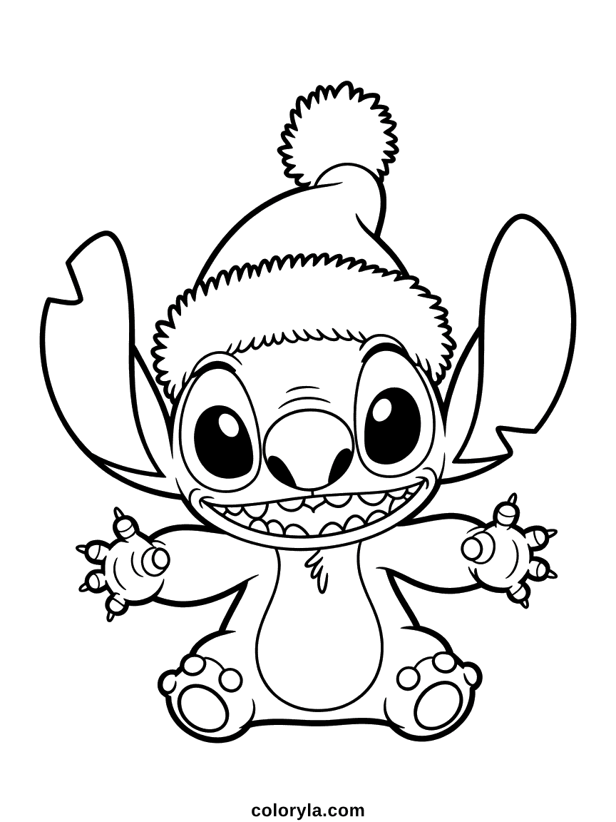 Christmas coloring page of Stitch wearing a Santa hat with a joyful holiday expression