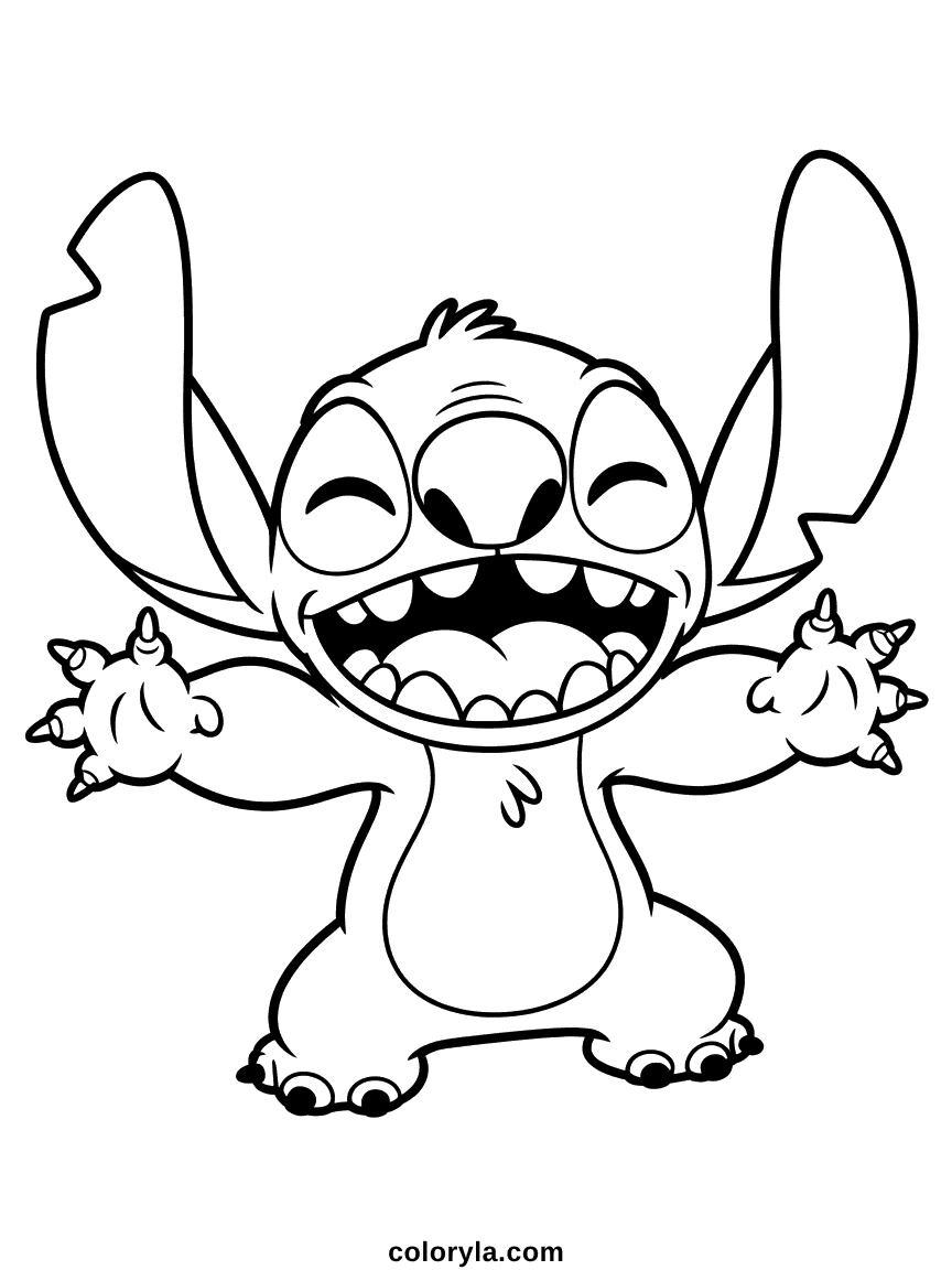 Coloring page of Stitch laughing with his mouth wide open and eyes sparkling with mischief
