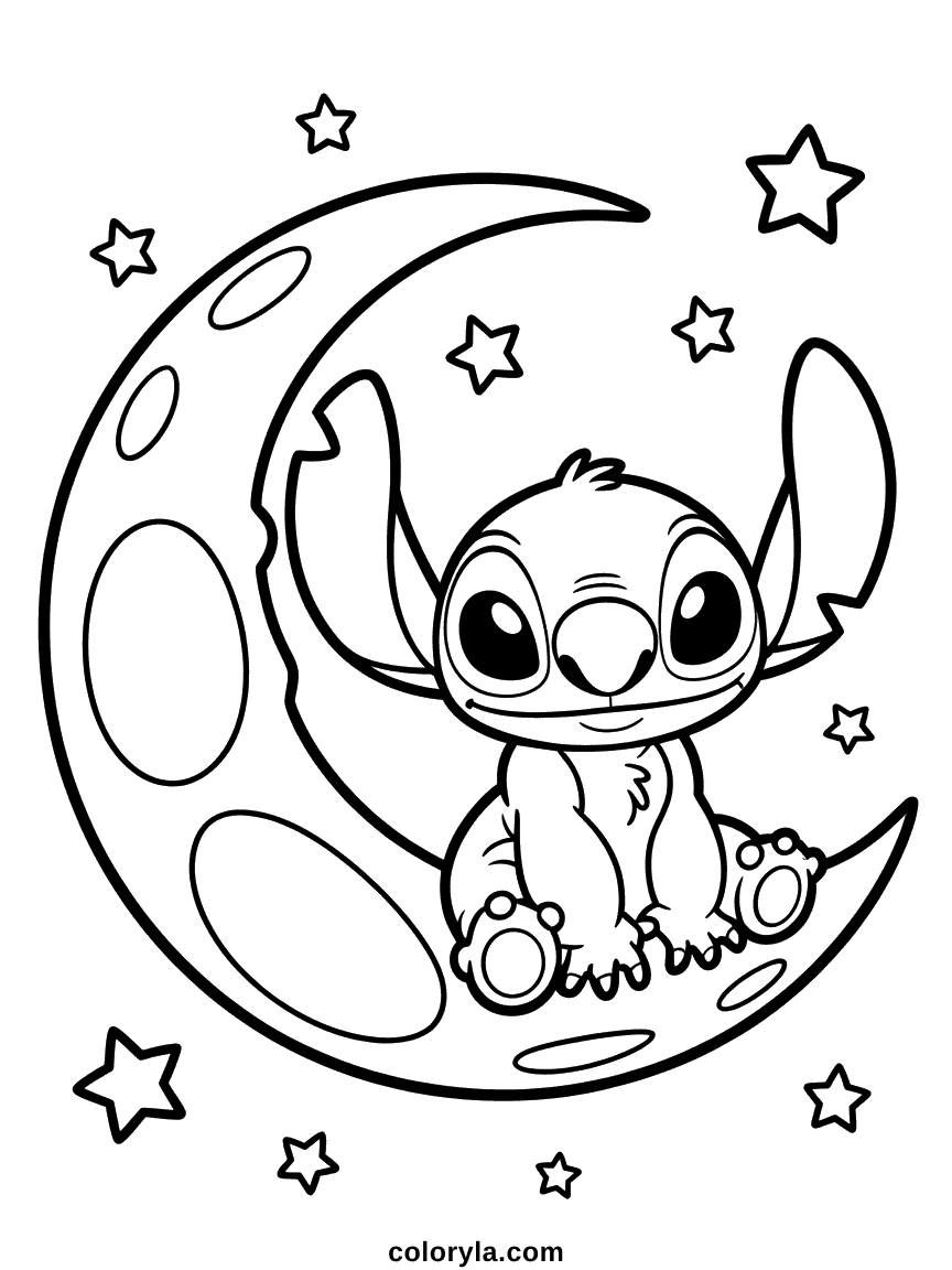 Free printable coloring page of Stitch sitting on a crescent moon with stars scattered across the night sky