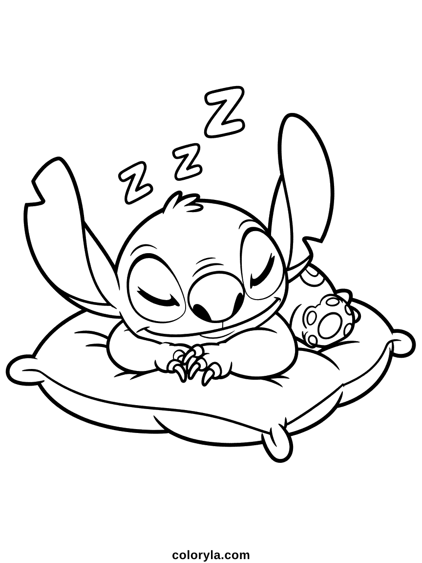 Coloring page of Stitch sleeping peacefully with his head resting on a soft fluffy pillow