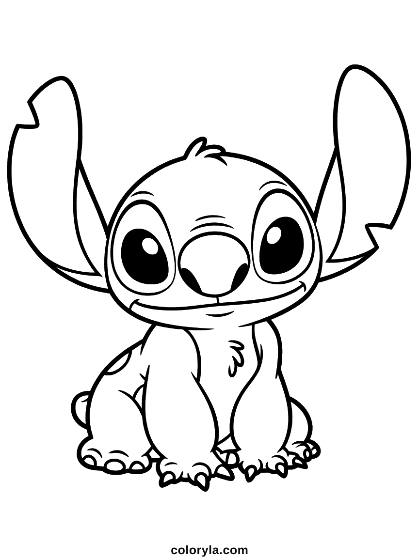 Coloring page of Stitch the blue Disney alien standing with his large round eyes and grin