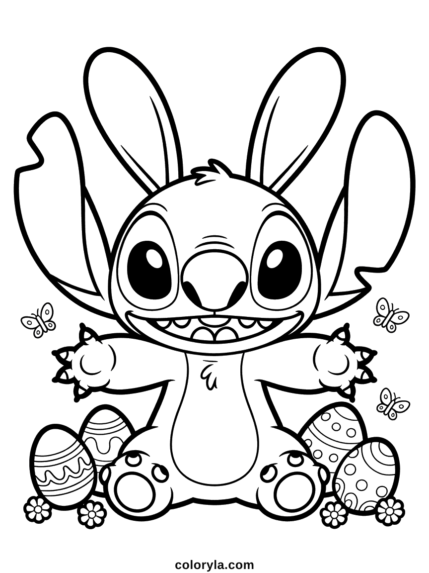 Easter coloring page of Stitch wearing fuzzy bunny ears with a cheerful expression, free printable