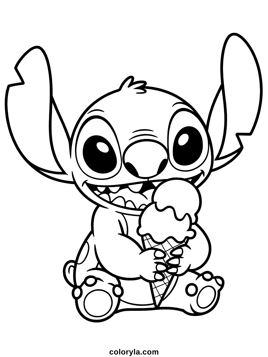 Coloring page of Stitch holding an enormous multi-scoop ice cream cone with a delighted face, free printable