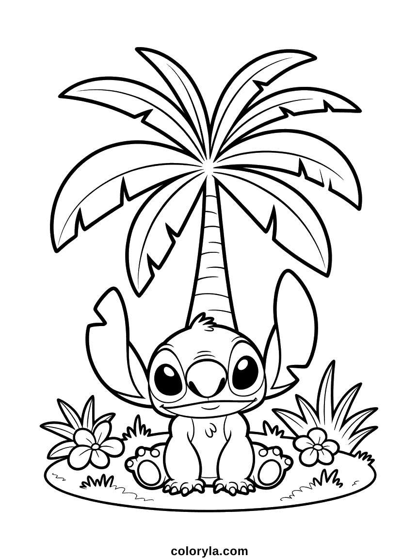 Coloring page of Stitch sitting contentedly beneath a palm tree on a peaceful island beach