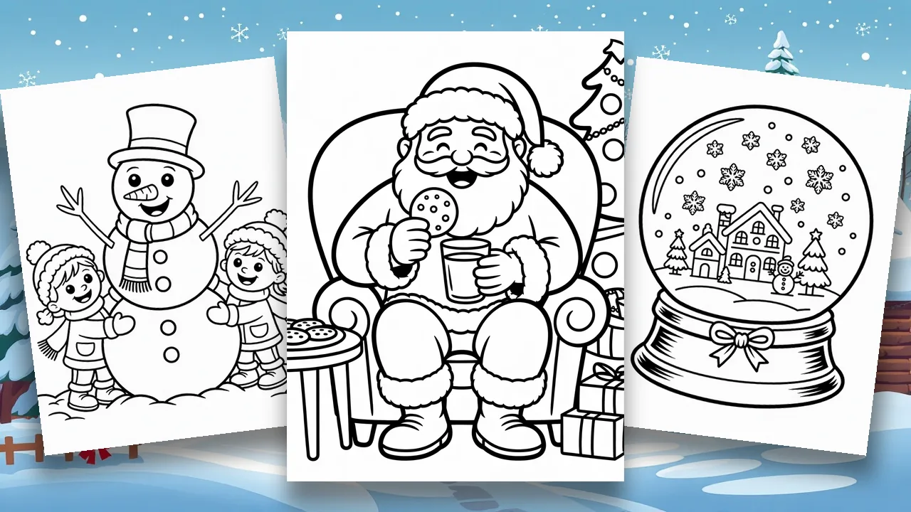 The Christmas coloring pages cover: Santa, a decorated tree and a snowman gathered on one free printable sheet.