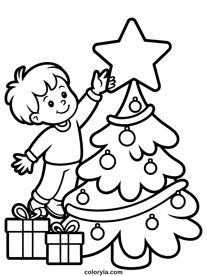 A boy standing on gift boxes and reaching up to place a big star above a decorated tree, free Christmas coloring page in A4.
