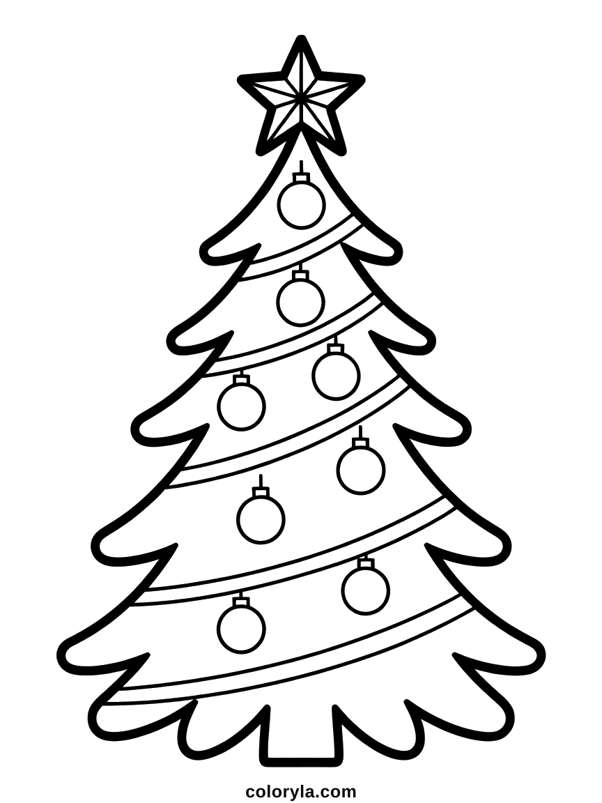A full Christmas tree hung with baubles and garlands under a pointed star, a free Christmas coloring page to print in A4.
