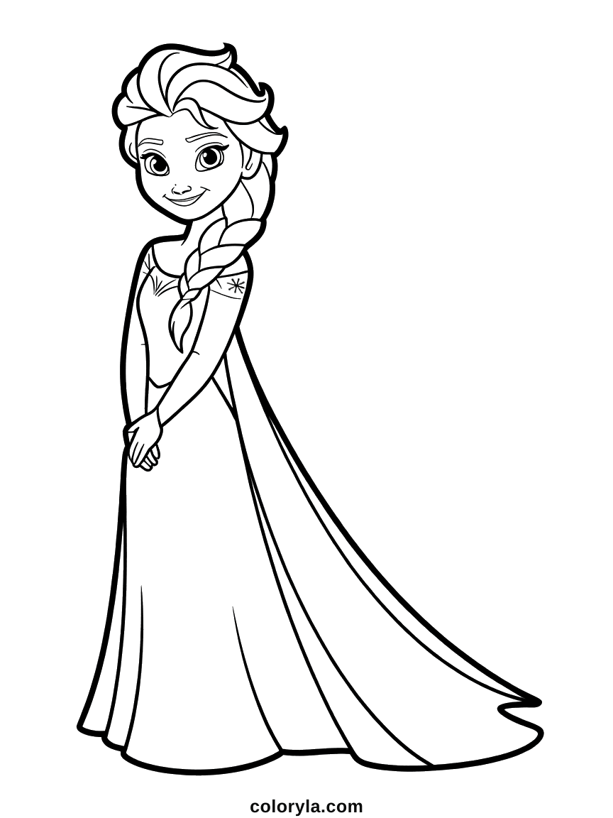 Elsa standing with her braid over one shoulder and a long train sweeping behind her gown, free coloring page in A4.