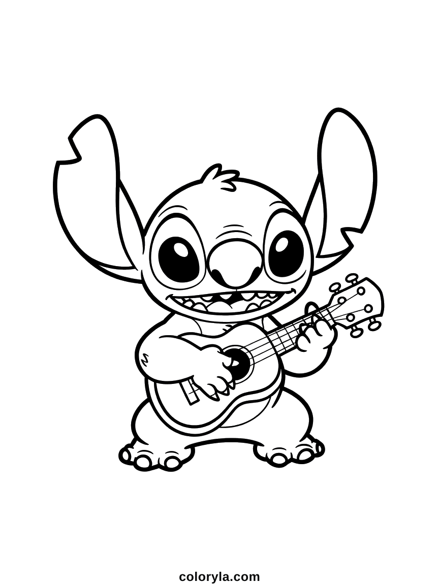 Stitch holding a ukulele against his chest with one paw on the strings, ears up and grinning, free coloring page in A4.