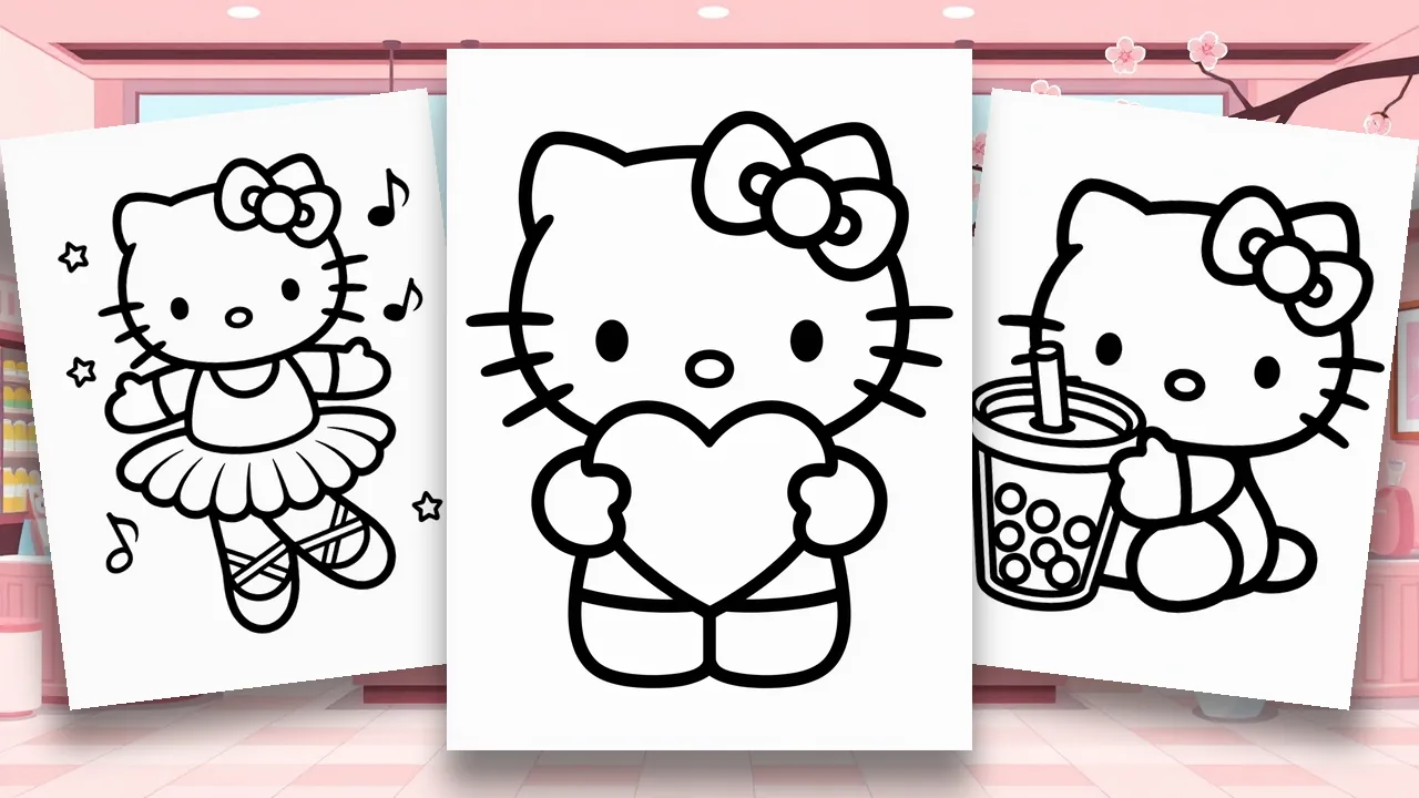 The Hello Kitty coloring pages cover: unicorn, baking and seasonal outfits on one free printable sheet.