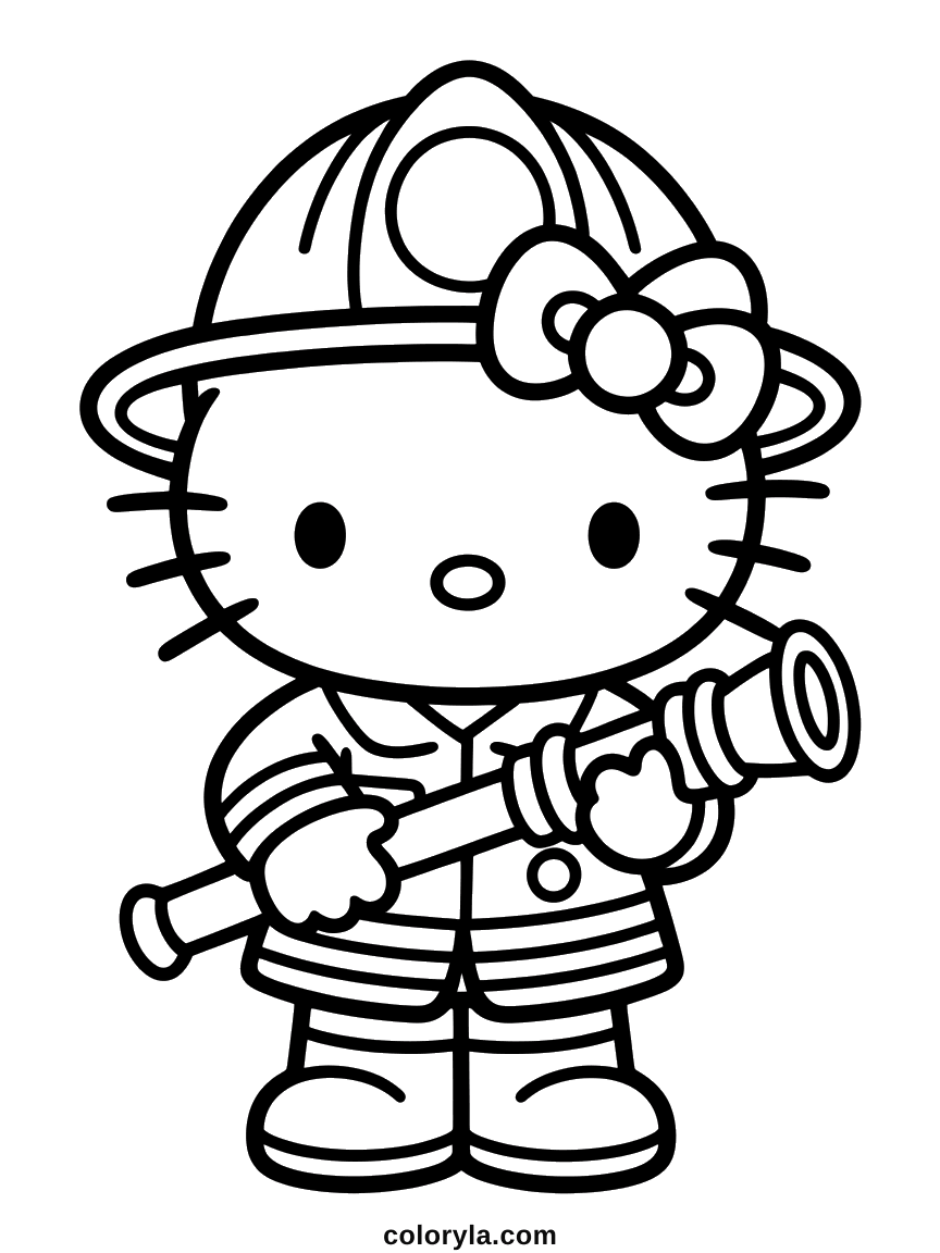 Helmet on and a hose held in both paws: a free firefighter Hello Kitty coloring page for children on A4.