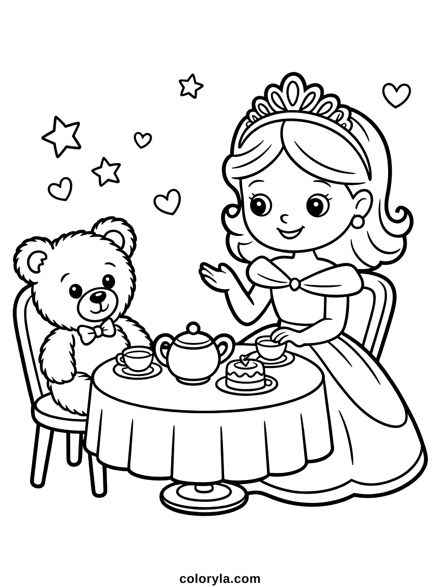 A draped tea table with a teapot, two cups, a princess and a teddy bear in a bow tie, free coloring page in A4.
