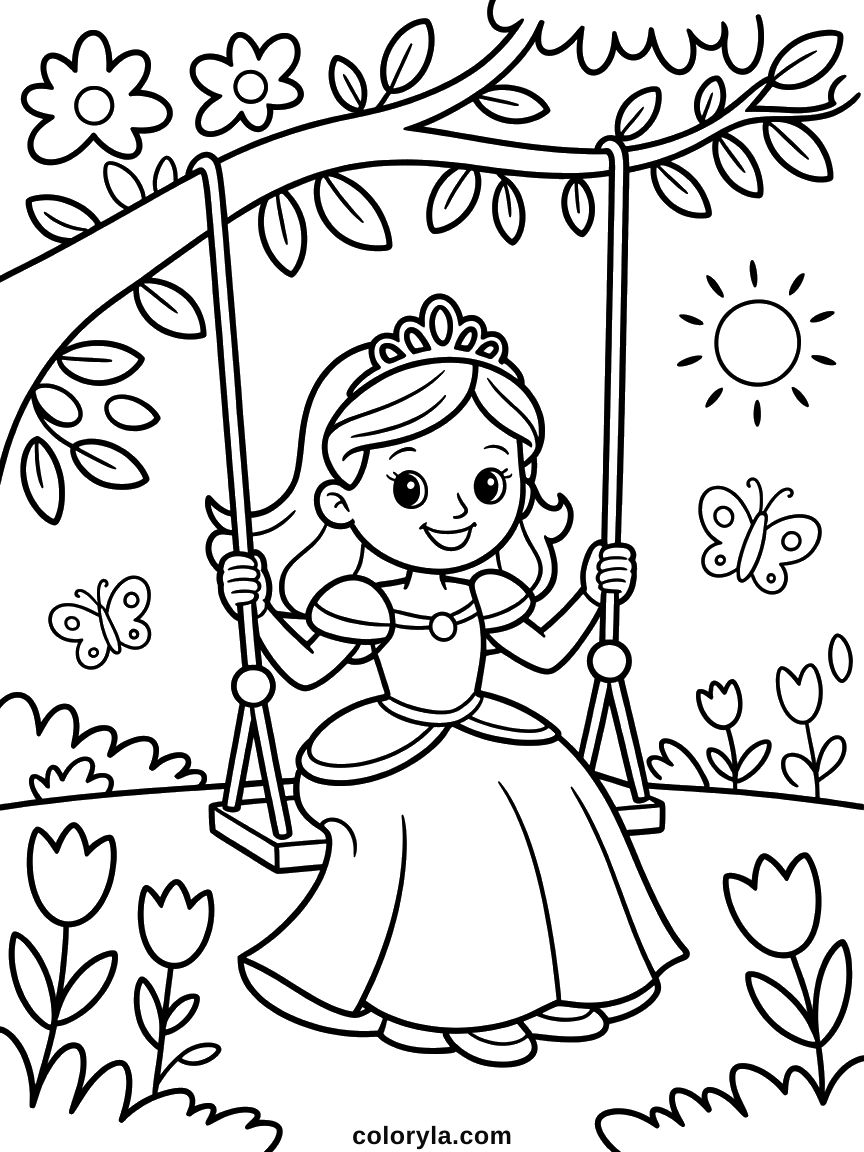 A plank swing hung from a flowering branch with a princess on it, tulips and butterflies, free coloring page in A4.