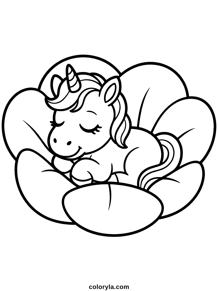 Curled asleep inside a wide open flower with eyes shut and legs tucked in, a free baby unicorn coloring page in A4.