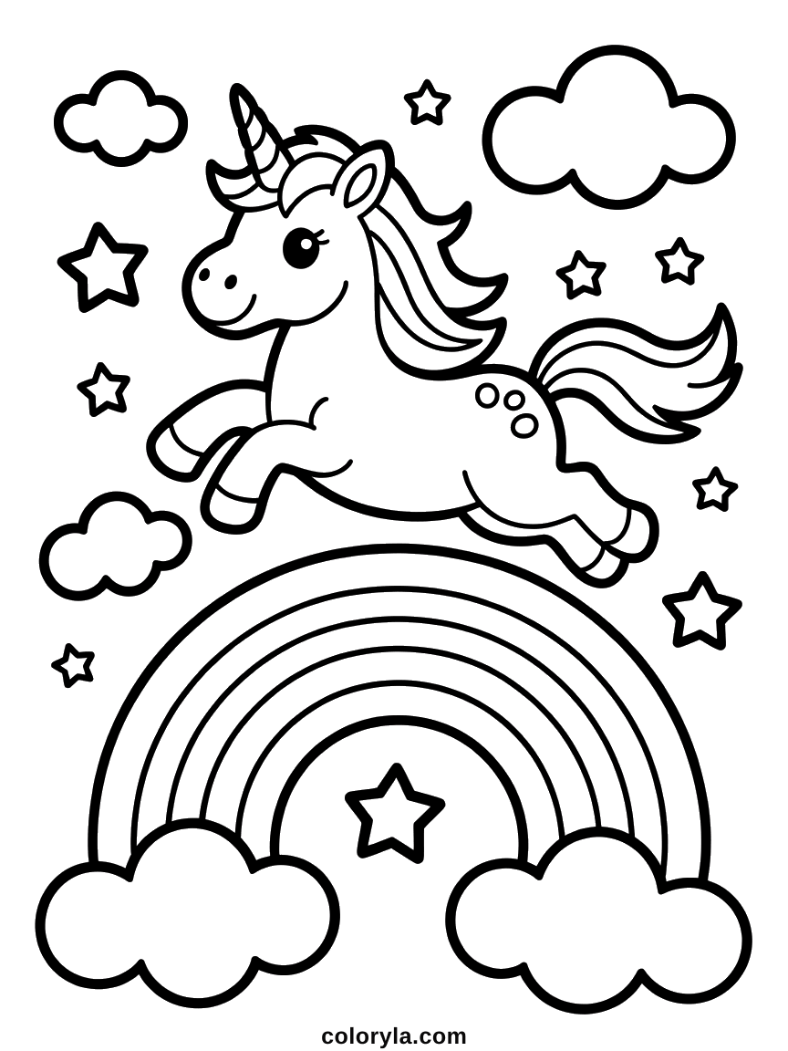Caught in mid-leap above a rainbow with legs stretched out and clouds below, a free unicorn coloring page to print in A4.