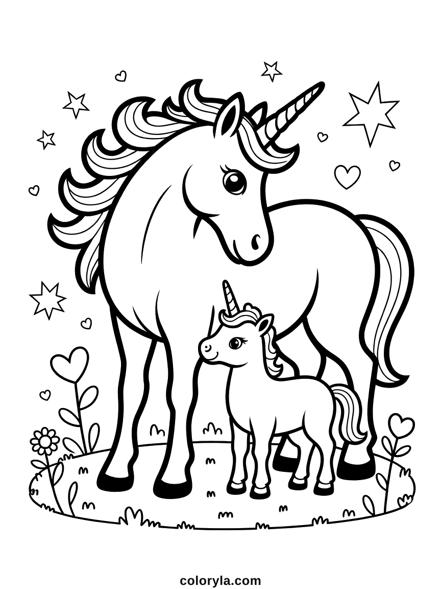 A grown unicorn with its head lowered to a foal in a flowering meadow under stars and hearts, free coloring page in A4.